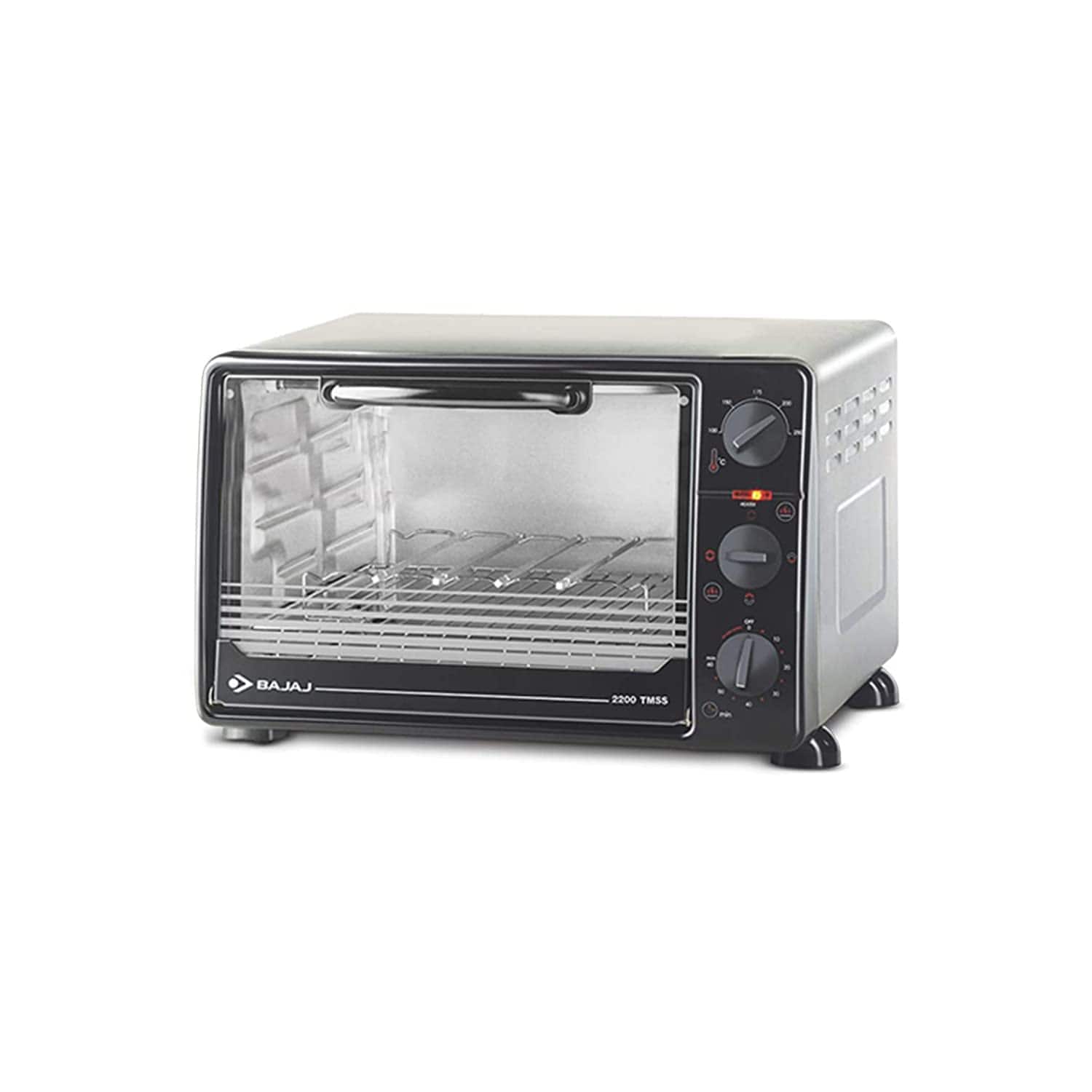 Bajaj 2200 TMSS Oven Toaster Griller OTG with Motorised Rotisserie and Stainless Steel Body Black Silver 22 Liter