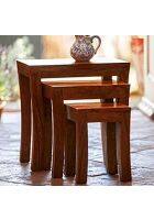 Aaram By Zebrs Modern Furniture Solid Sheesham Wooden Nesting Table Set of 3 Stool/Nesting Table for Home and Hotel (Natural Teak)