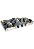 Glen 3 Burner Glass Gas Stove High Flame Forged Brass Burner XL Auto Ignition Double Drip Tray (1033 GT XL FB DD AI)